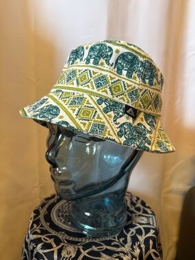Elephant Print bohemian Bucket Hat in Green and Cream